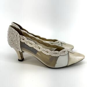 Vintage Fashion Influences Size 8.5 White Mesh Beaded Pearl Bridal Shoes 90s
